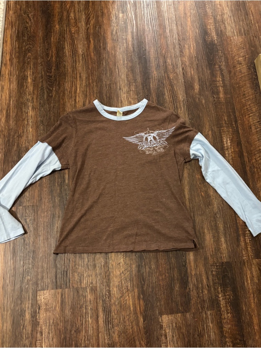 Vintage Aerosmith concert Tee Kavio Brown Tee with Light Blue Trim fits Sz S